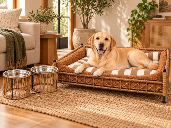 Cama para Mascotas Rectangular + Comedero y Bebedero